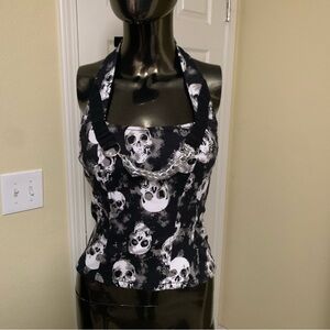 Tripp NYC Black and White Skull Halter Top, Size XS, NWT